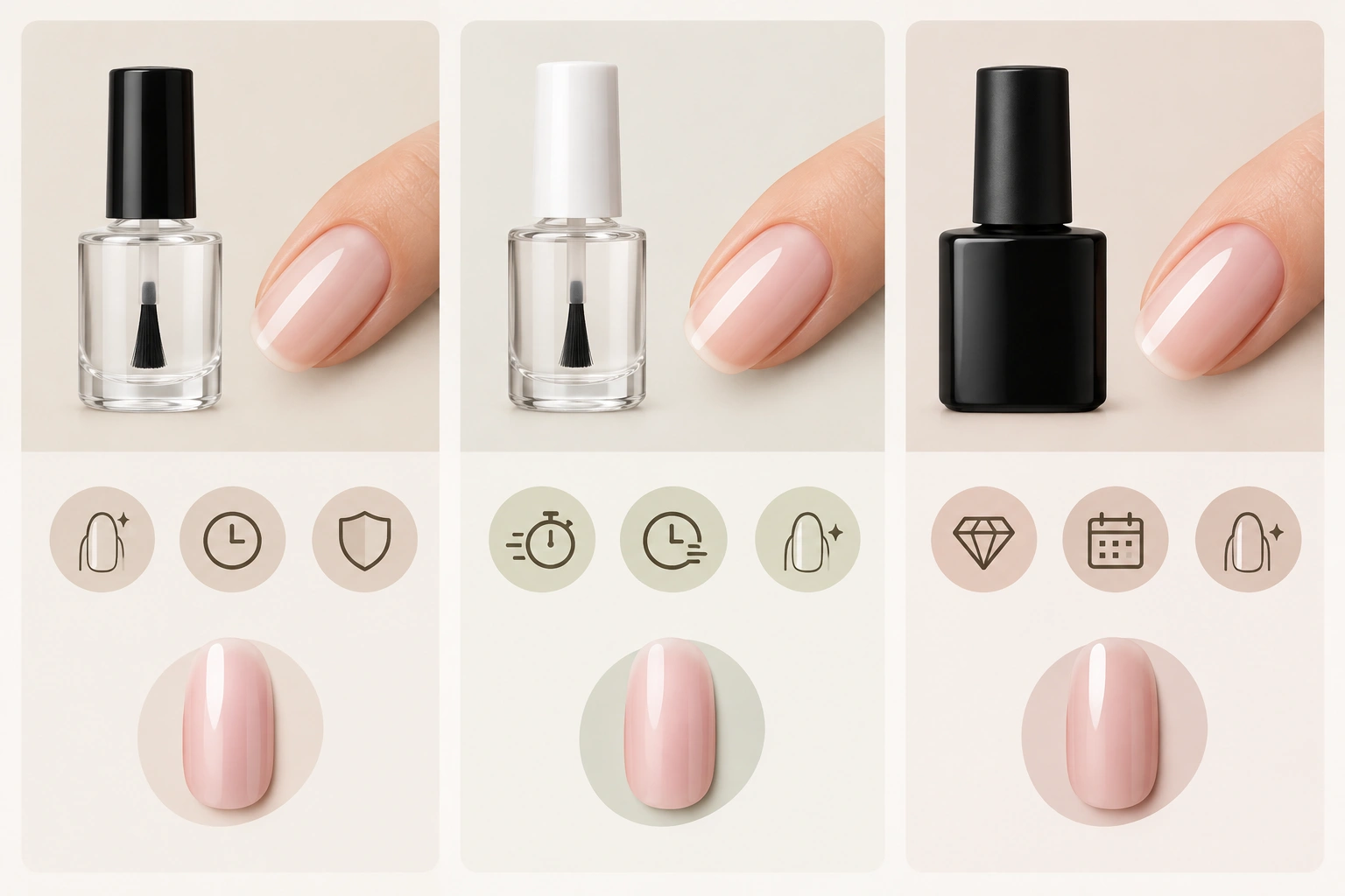 Comparison table showing regular, quick-dry, and gel top coat drying differences