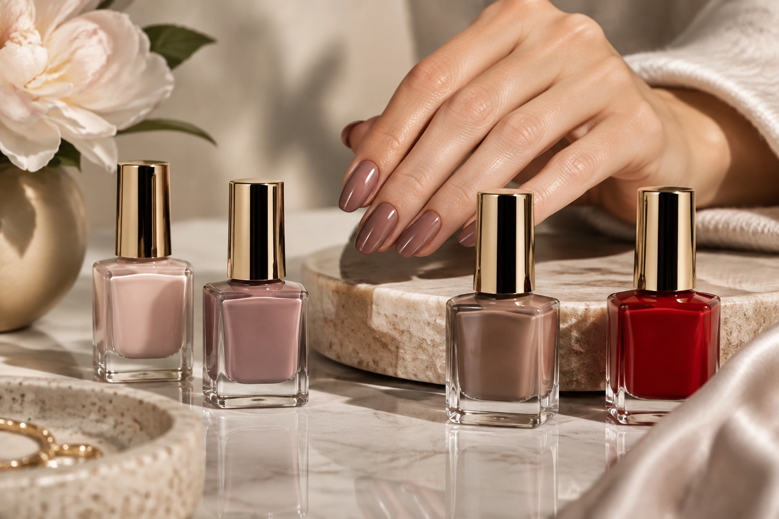 Neutral and transitional nail colors including nude, mauve, taupe, and red