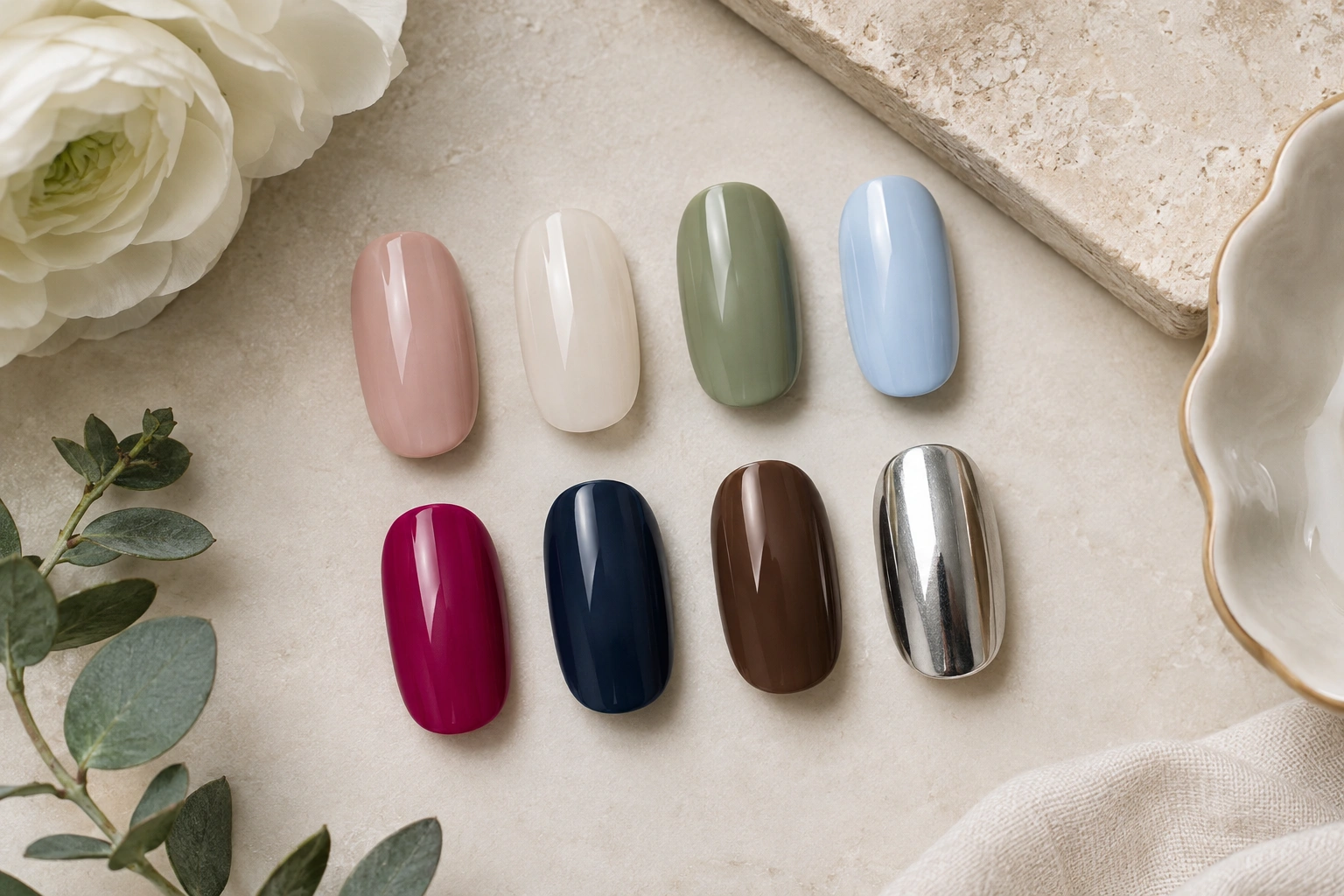 Flat lay of trending nail colors including nude pink, sage, baby blue, burgundy, and chrome silver