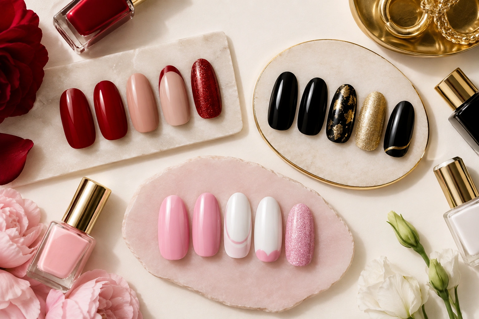 Flat lay of two color nail combinations in chic shades
