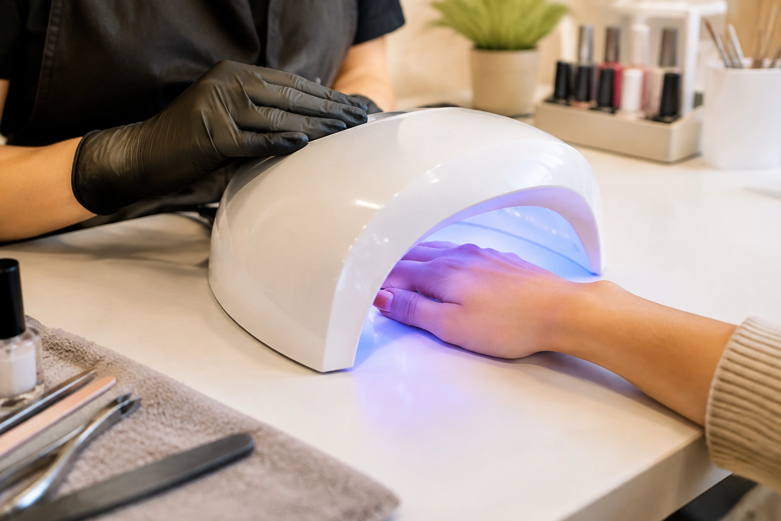 Client’s hands under a nail salon UV lamp during a gel manicure