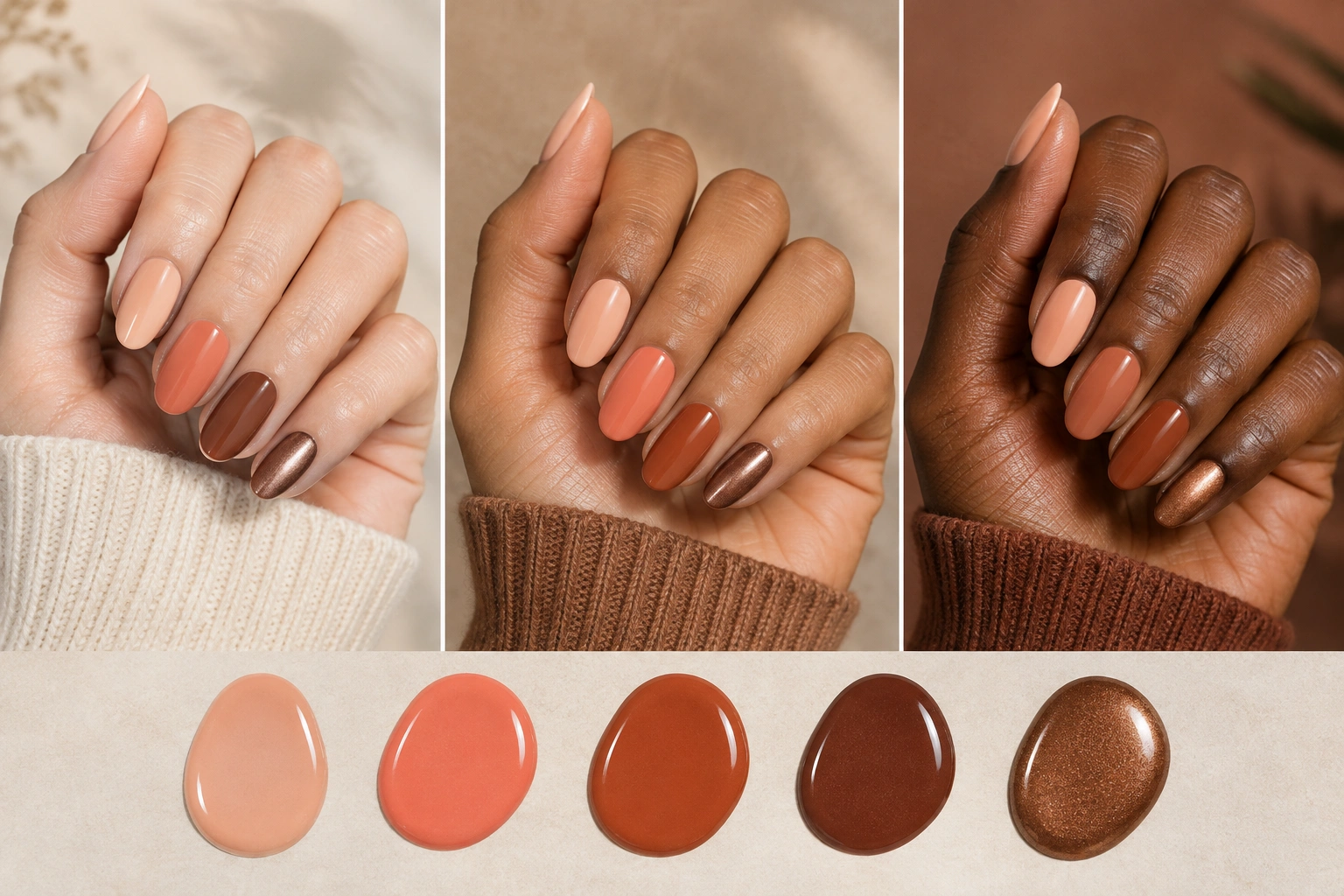 Comparison of warm nail shades on different skin tones