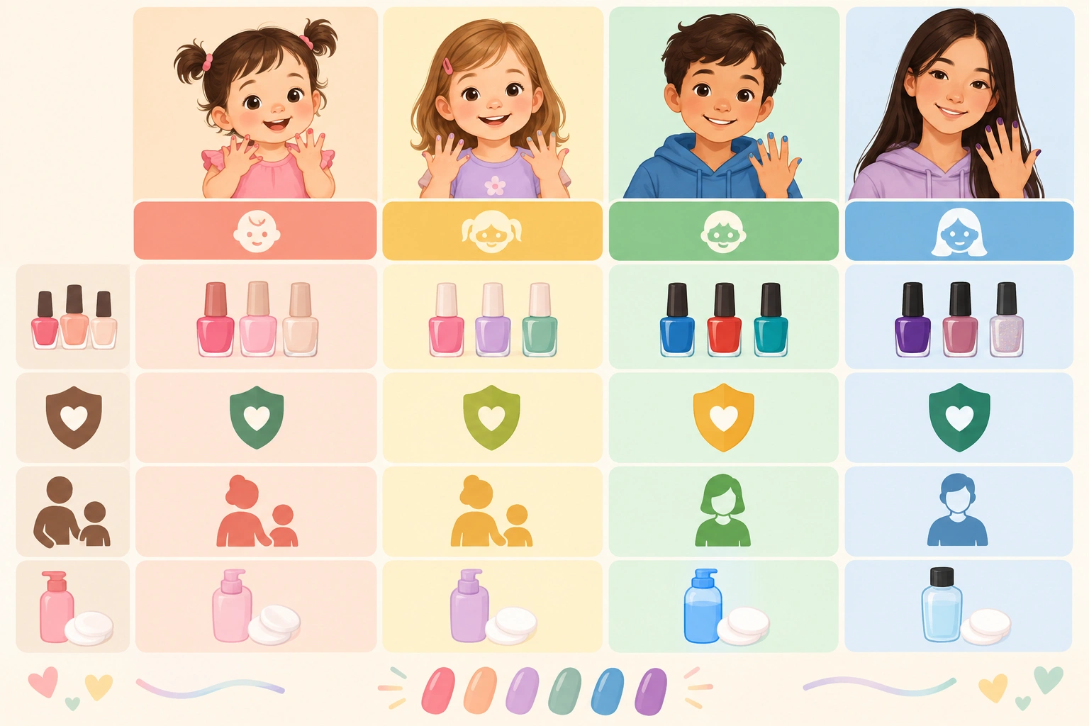 Parent-friendly chart comparing nail polish options for toddlers, children, and teens