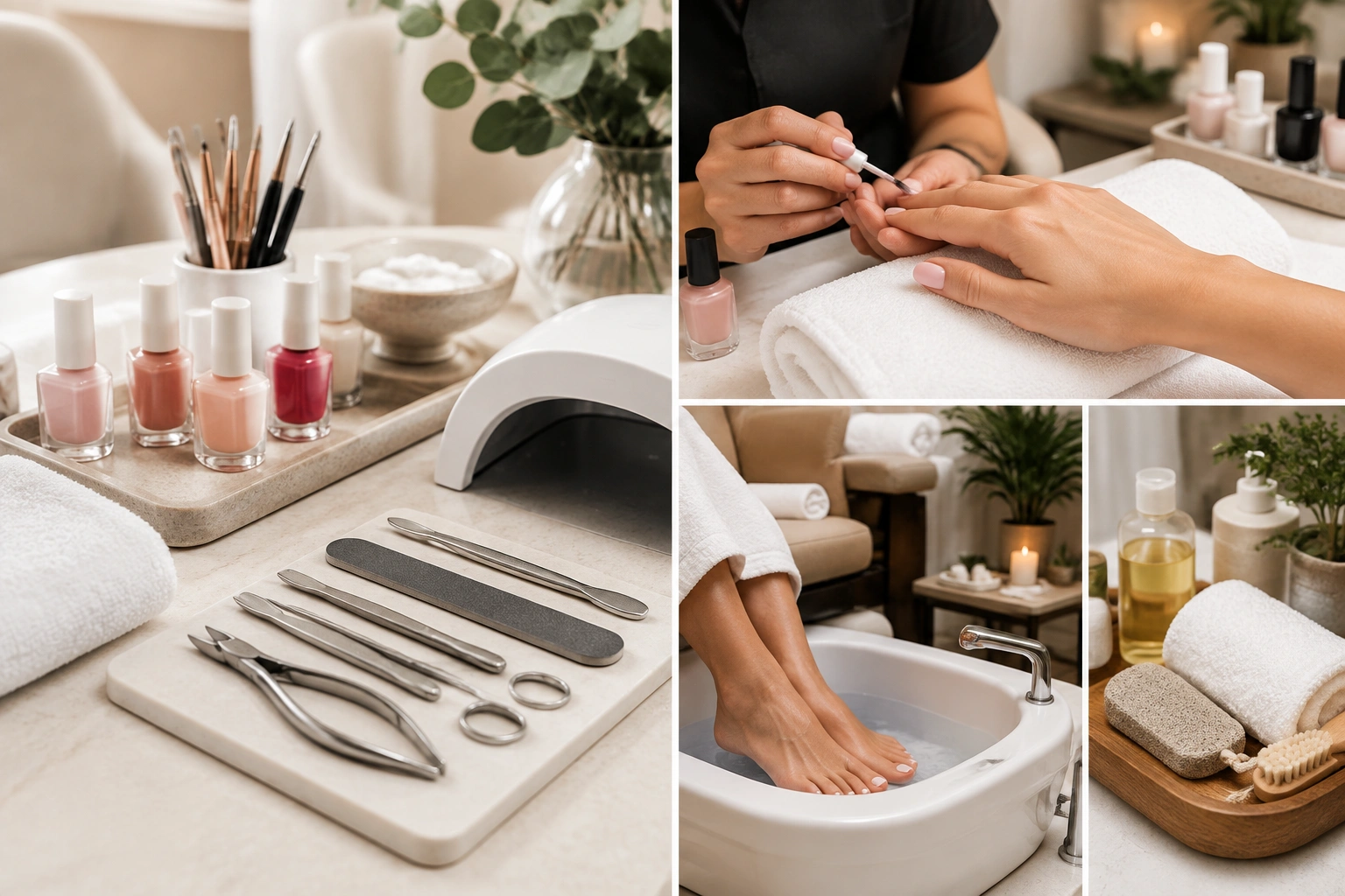 Nail salon service overview with manicure, pedicure, and add-on options