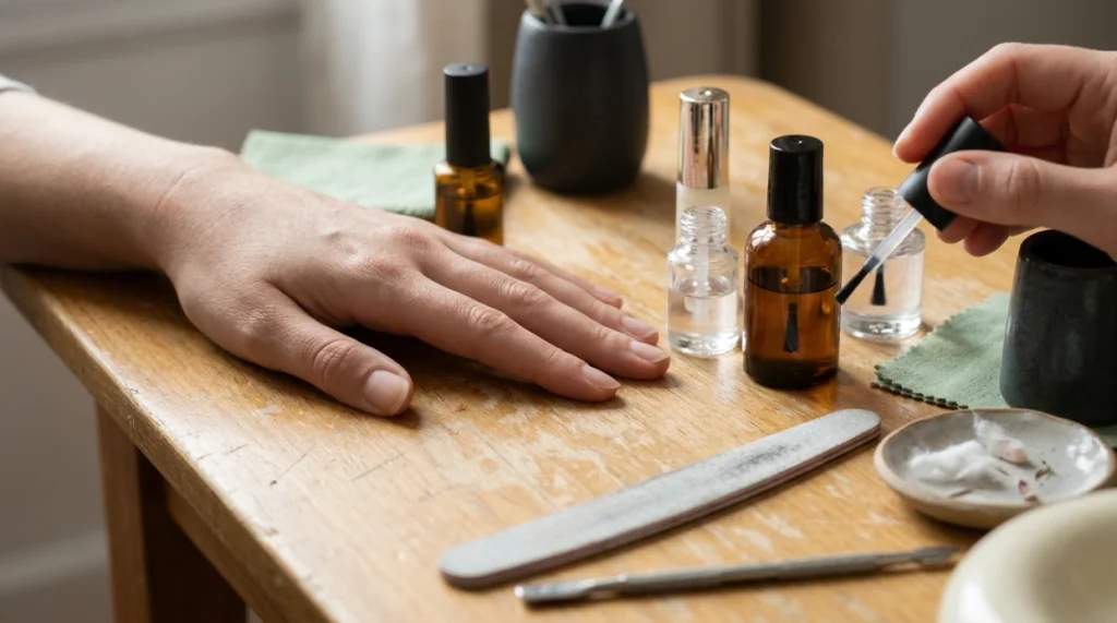 Clear nail dehydrator applied to a natural nail before primer, base coat, or enhancements.