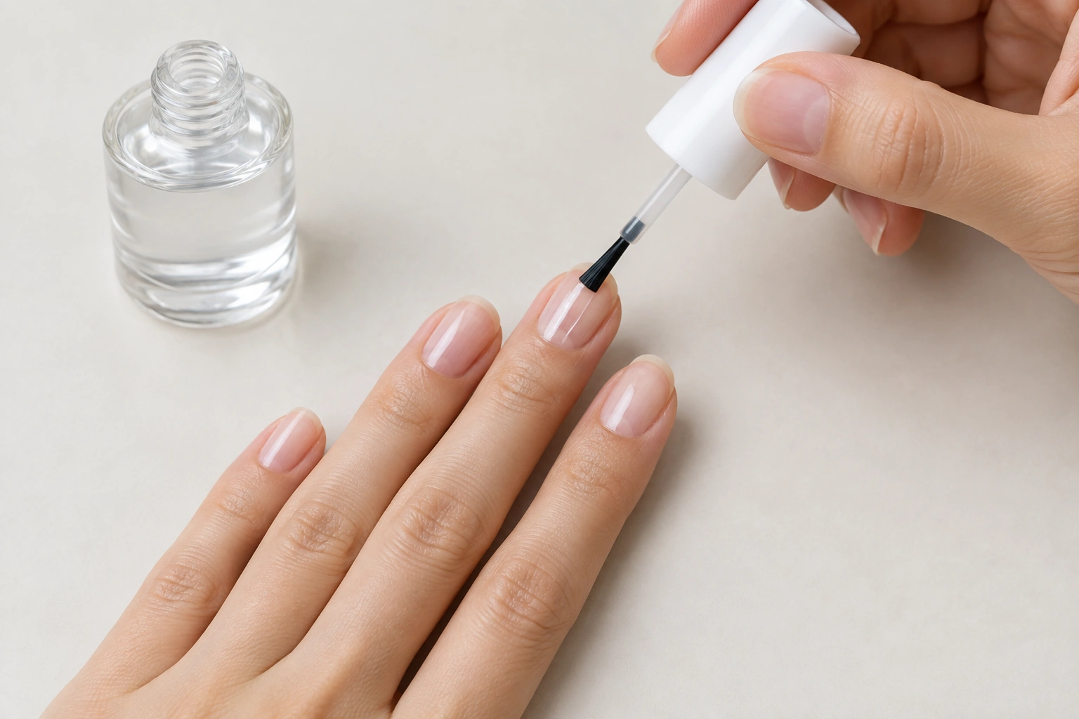 Clear base coat brush applying the first layer on natural nails