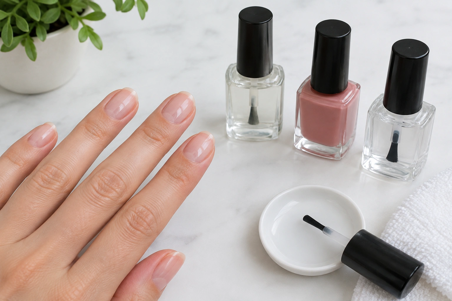 Beginner manicure showing thin base coat applied before color polish