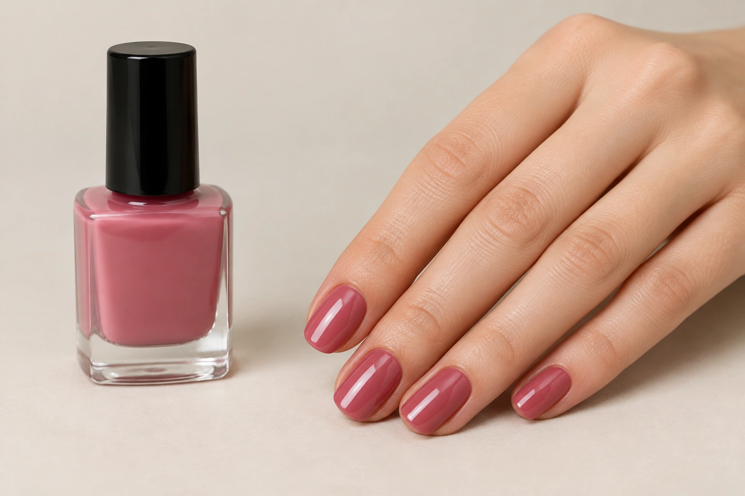 Bottle of quick dry nail polish beside painted nails