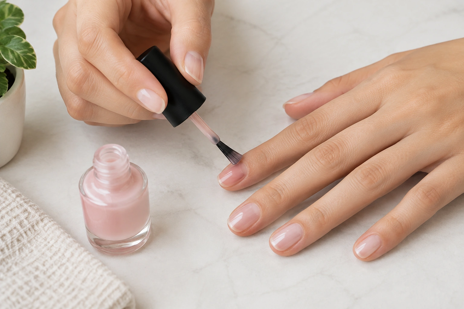 Close-up of a hand applying thin nail polish coats