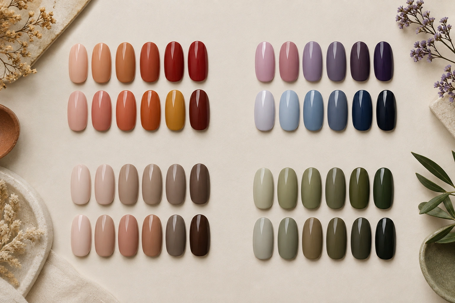 Nail color guide showing flattering shades for warm cool neutral and olive undertones