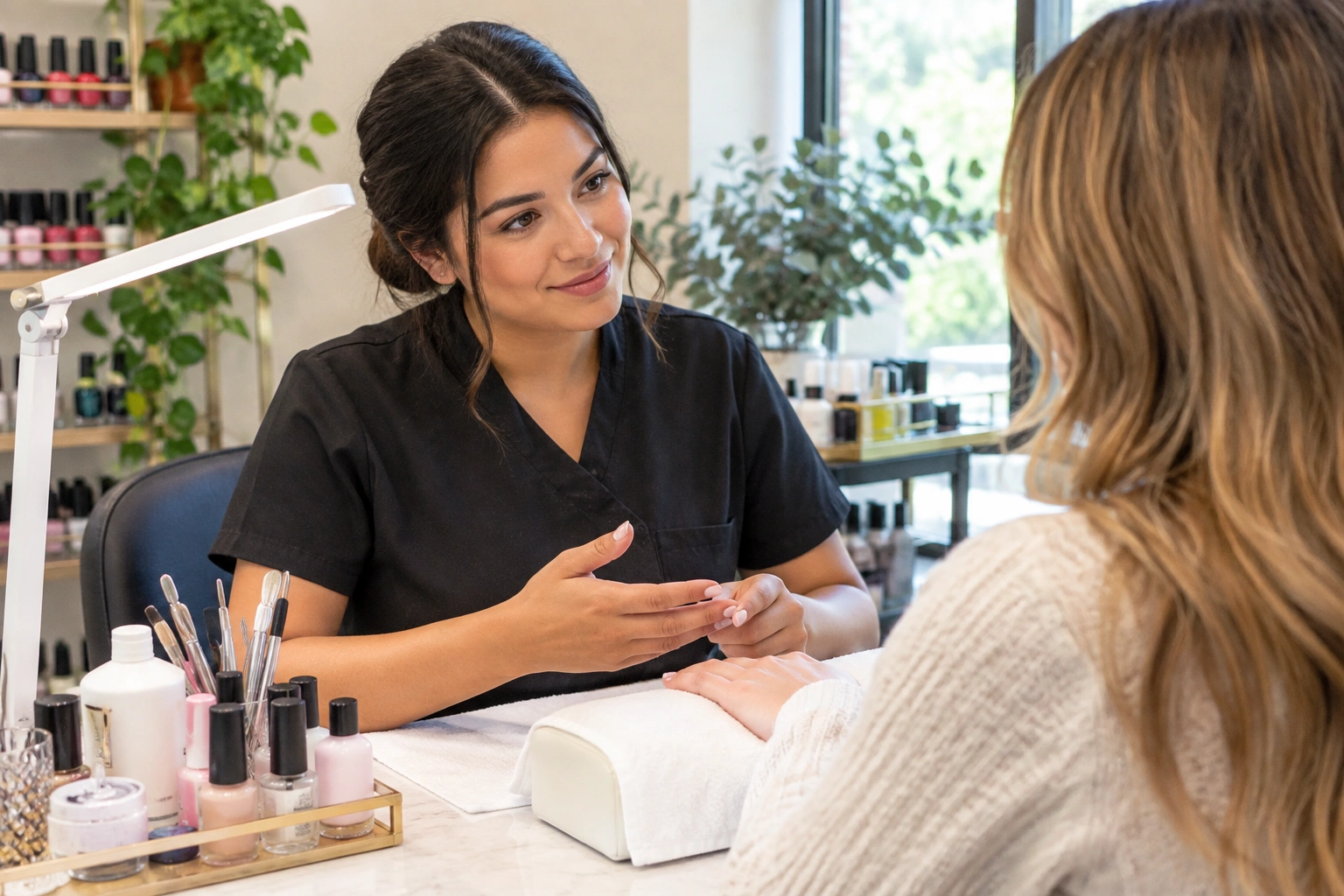 Nail technician and client discussing manicure goals