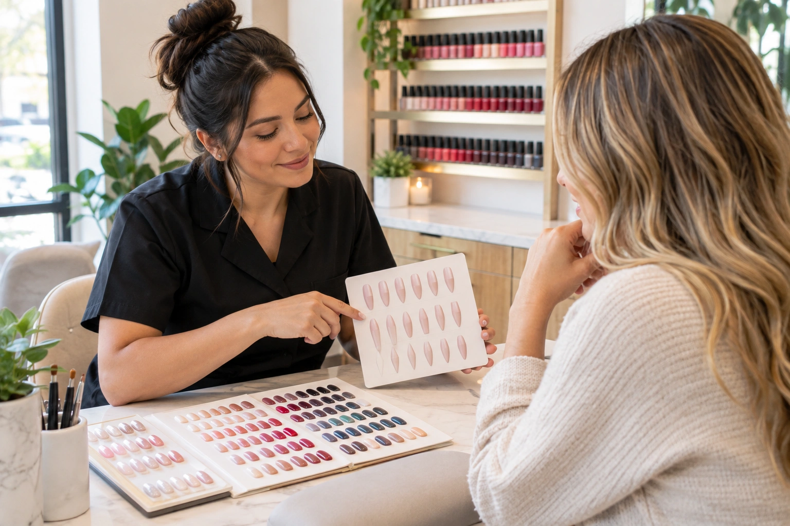 Client discussing acrylic nail shape and length with a nail technician