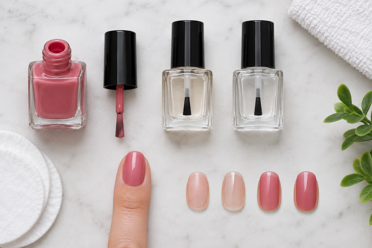 Nail polish bottle, brush, and manicure tools arranged for smooth application