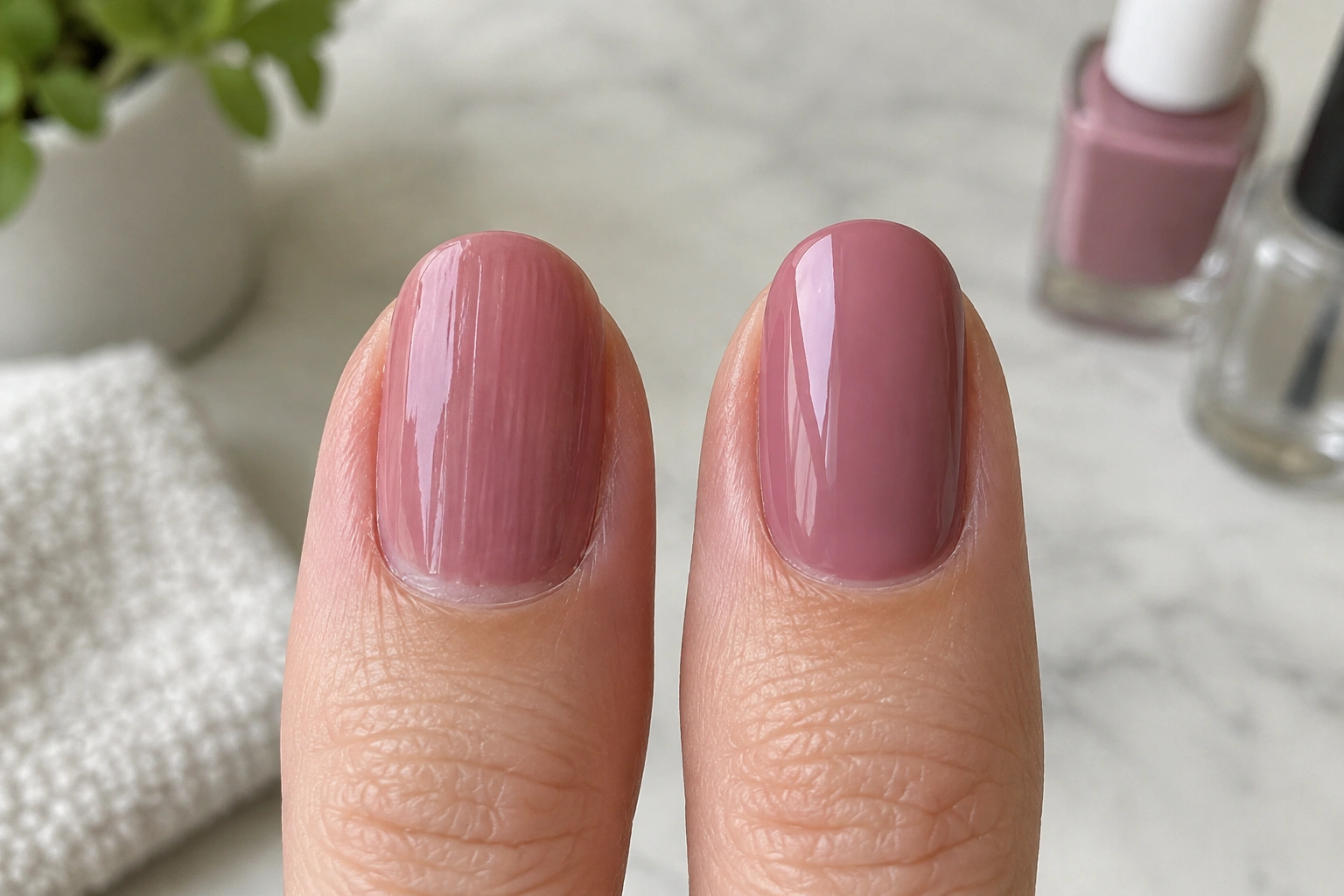 A manicure with slight streaking being smoothed by a top coat