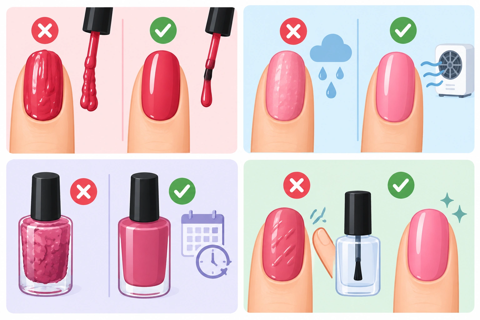 Simple table-style visual showing causes of slow-drying nail polish and helpful fixes