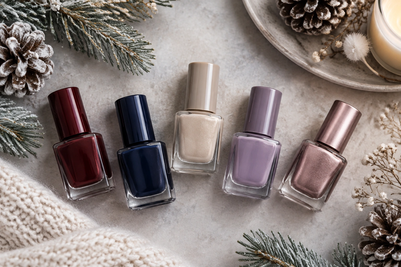 Winter nail color inspiration with burgundy, navy, beige, and metallic shades