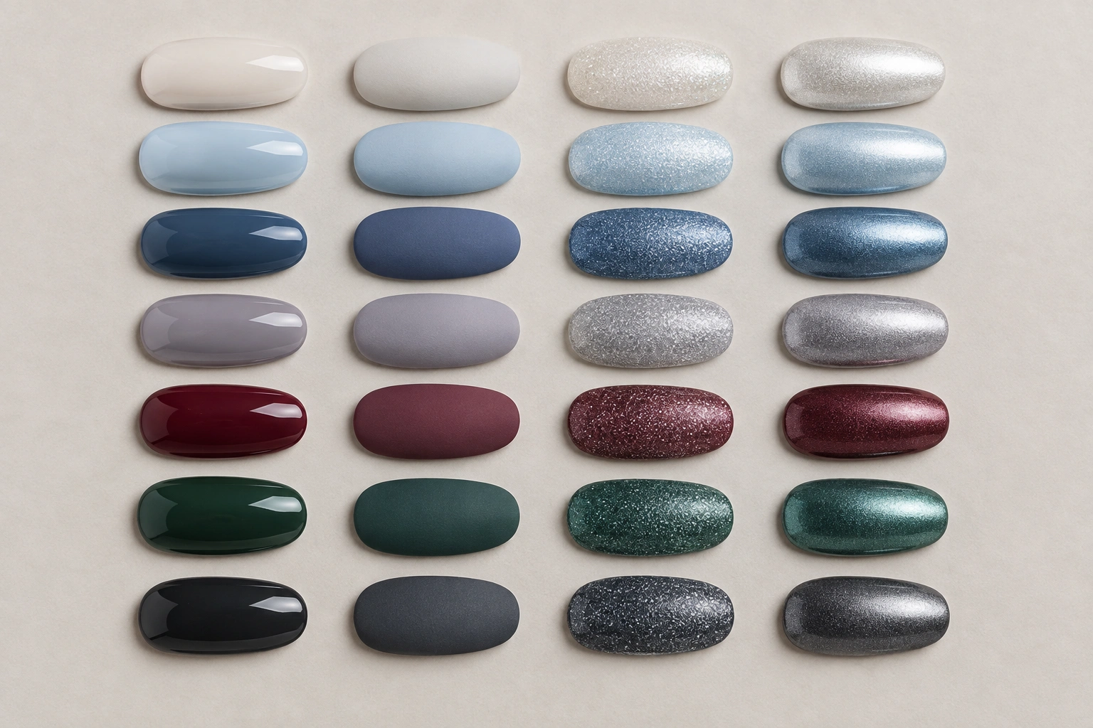 Winter nail polish finishes in glossy matte shimmer and metallic styles