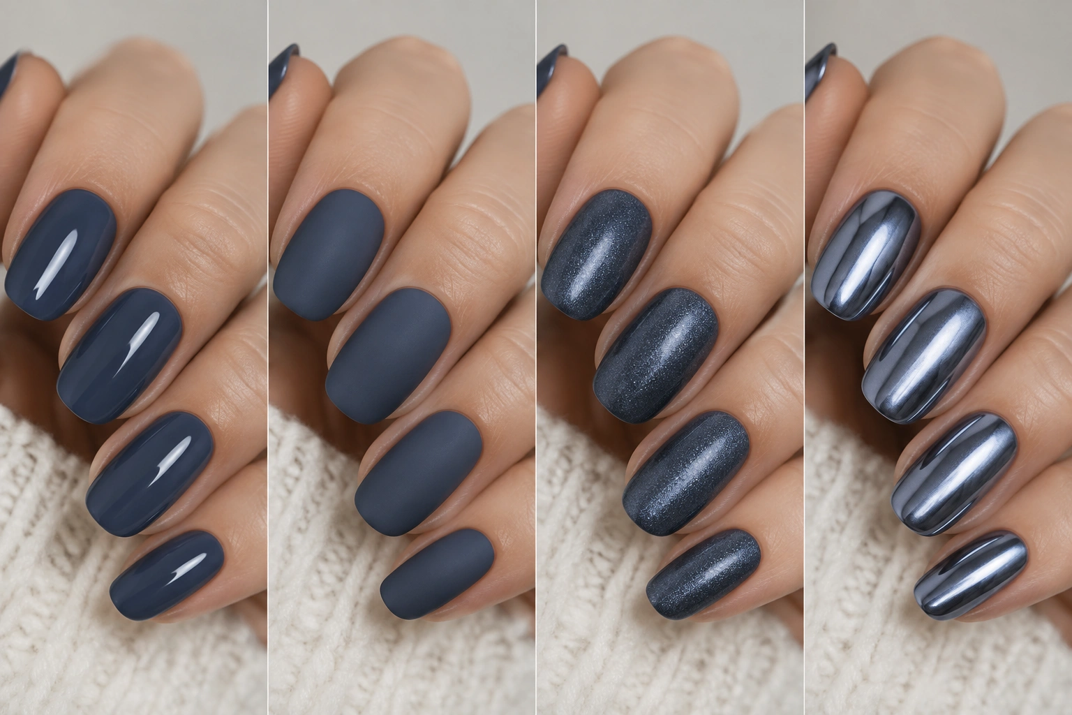 Comparison of winter nail finishes including glossy, matte, shimmer, and chrome