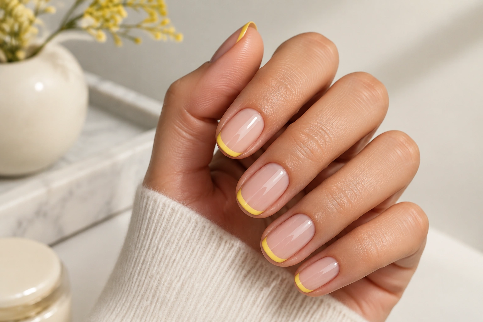 Short nude nails with yellow micro French tips