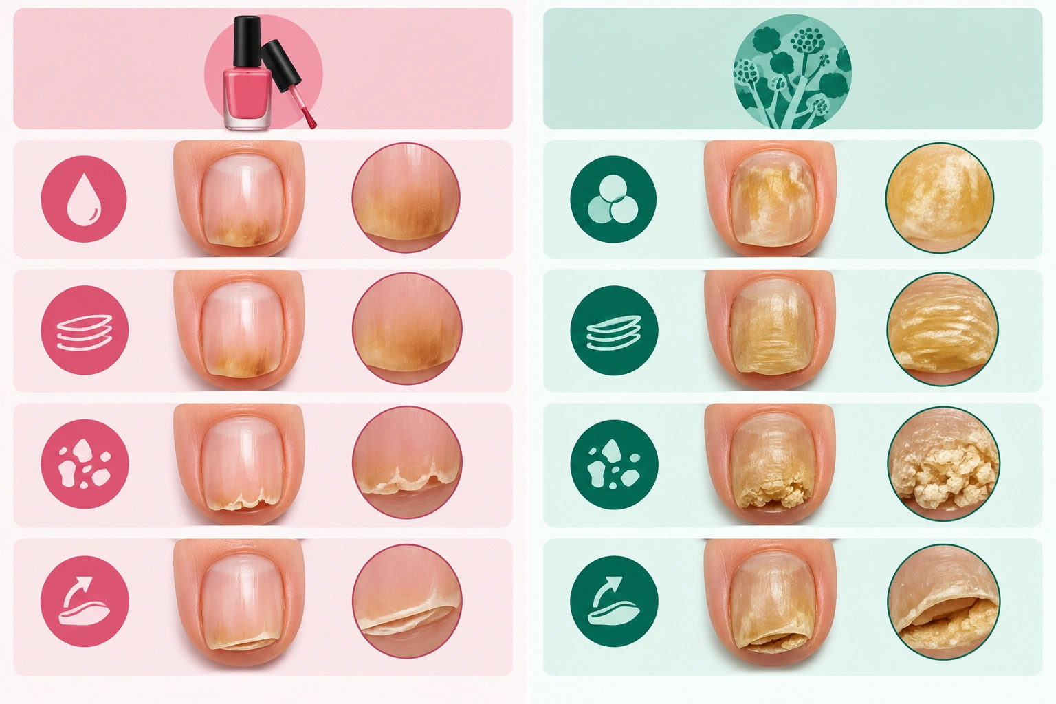 Comparison chart showing nail polish staining versus possible nail fungus