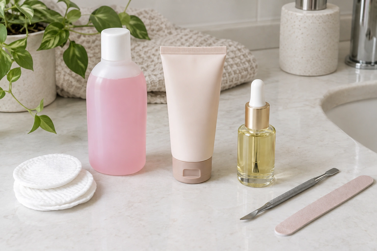 Nail polish remover bottle beside cuticle oil and hand cream
