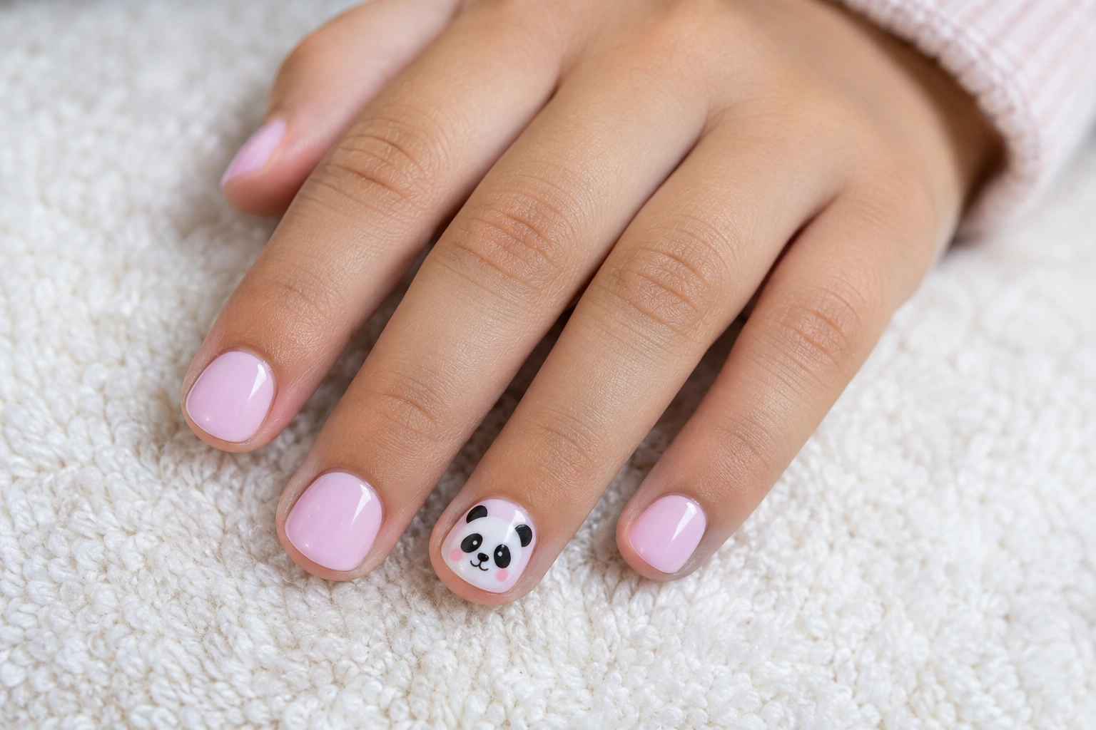 Kid-friendly panda animal nail design on short nails