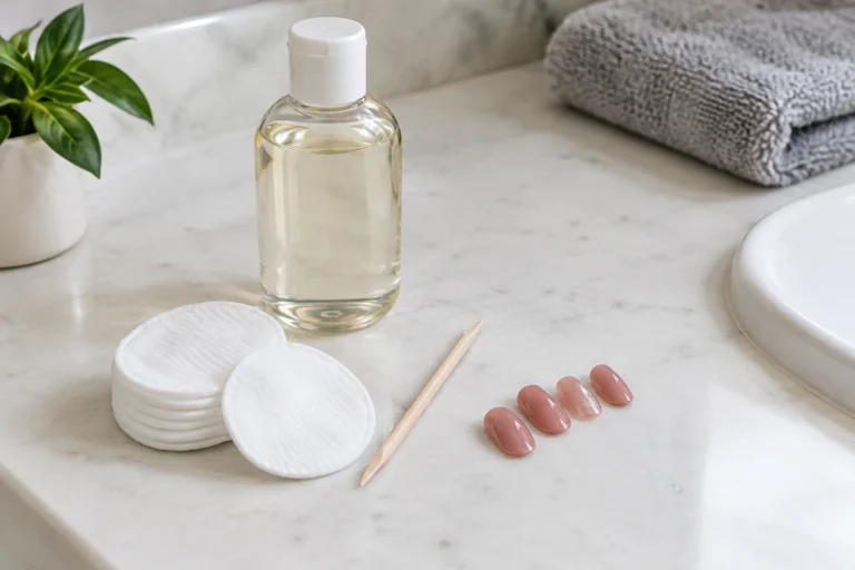 Cotton pad, baby oil, and wooden stick beside painted nails