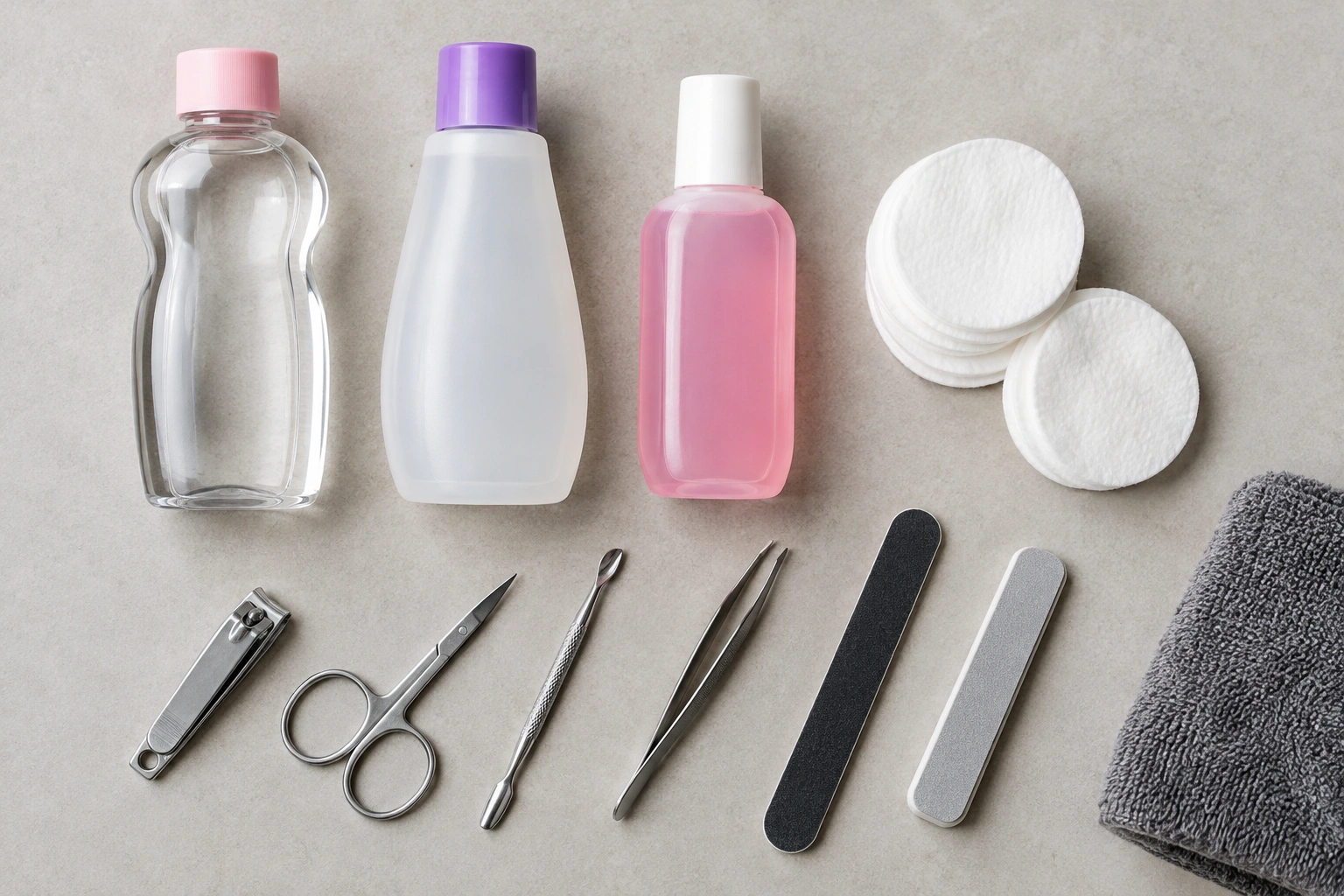 Flat lay of baby oil, acetone remover bottle, non-acetone remover bottle, cotton pads, and clean manicure tools