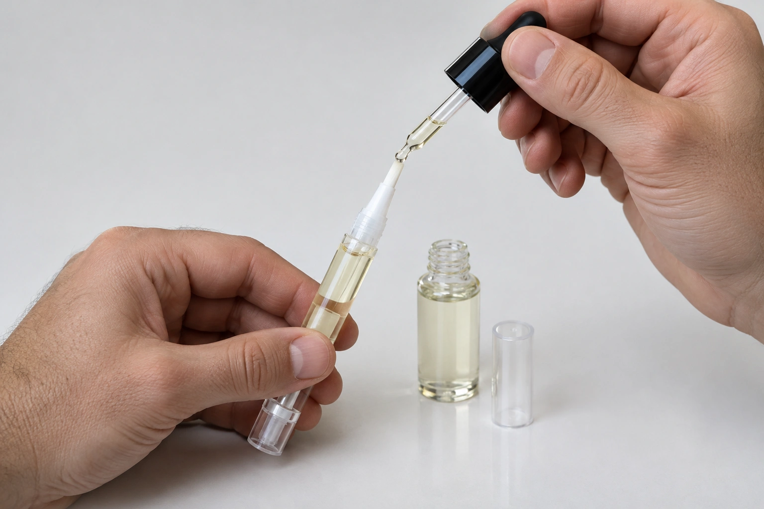 Refilling a brush-tip cuticle pen with a dropper