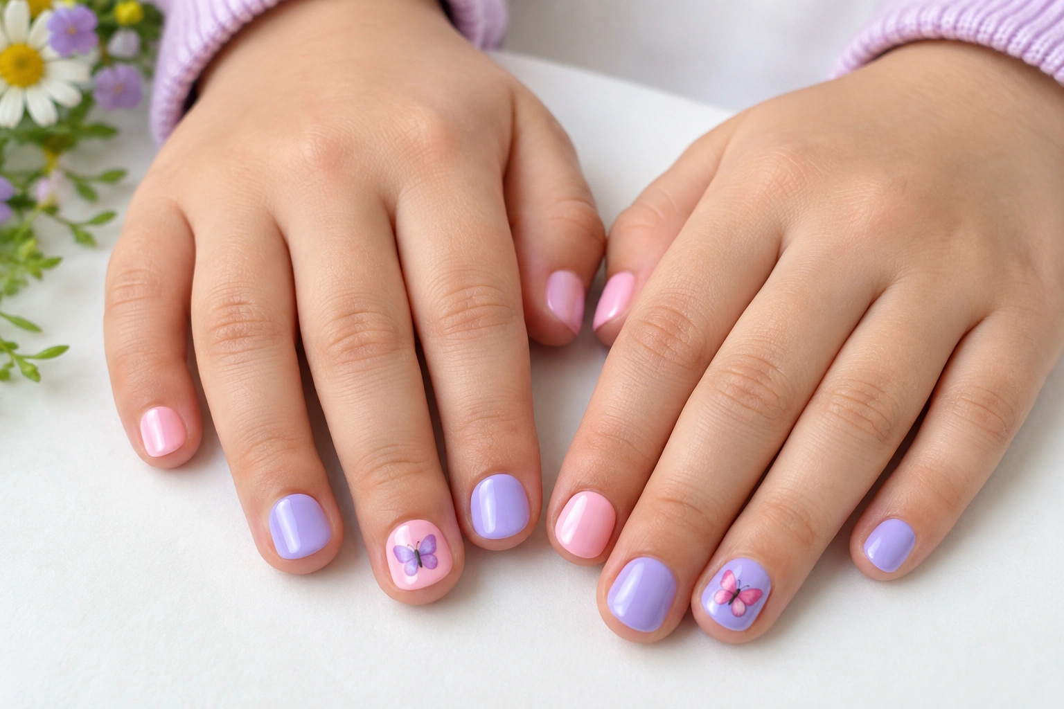 Kid-friendly butterfly nails with pastel polish and a small butterfly accent