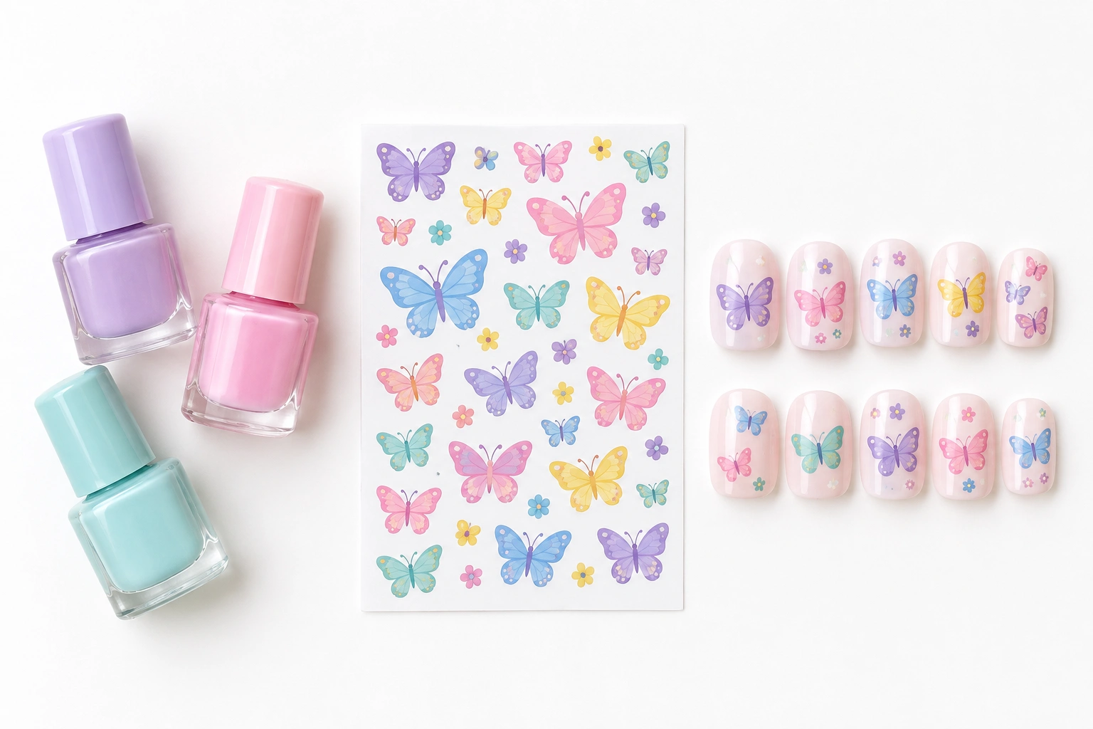 Comparison of butterfly nail polish, stickers, and press-ons for kids