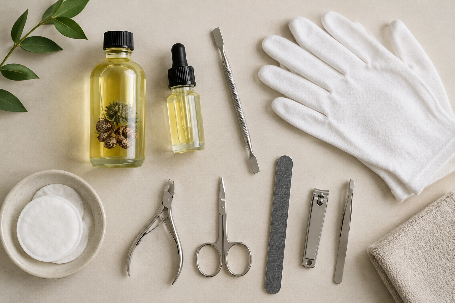Nail oil bottle with cuticle care tools on a clean surface
