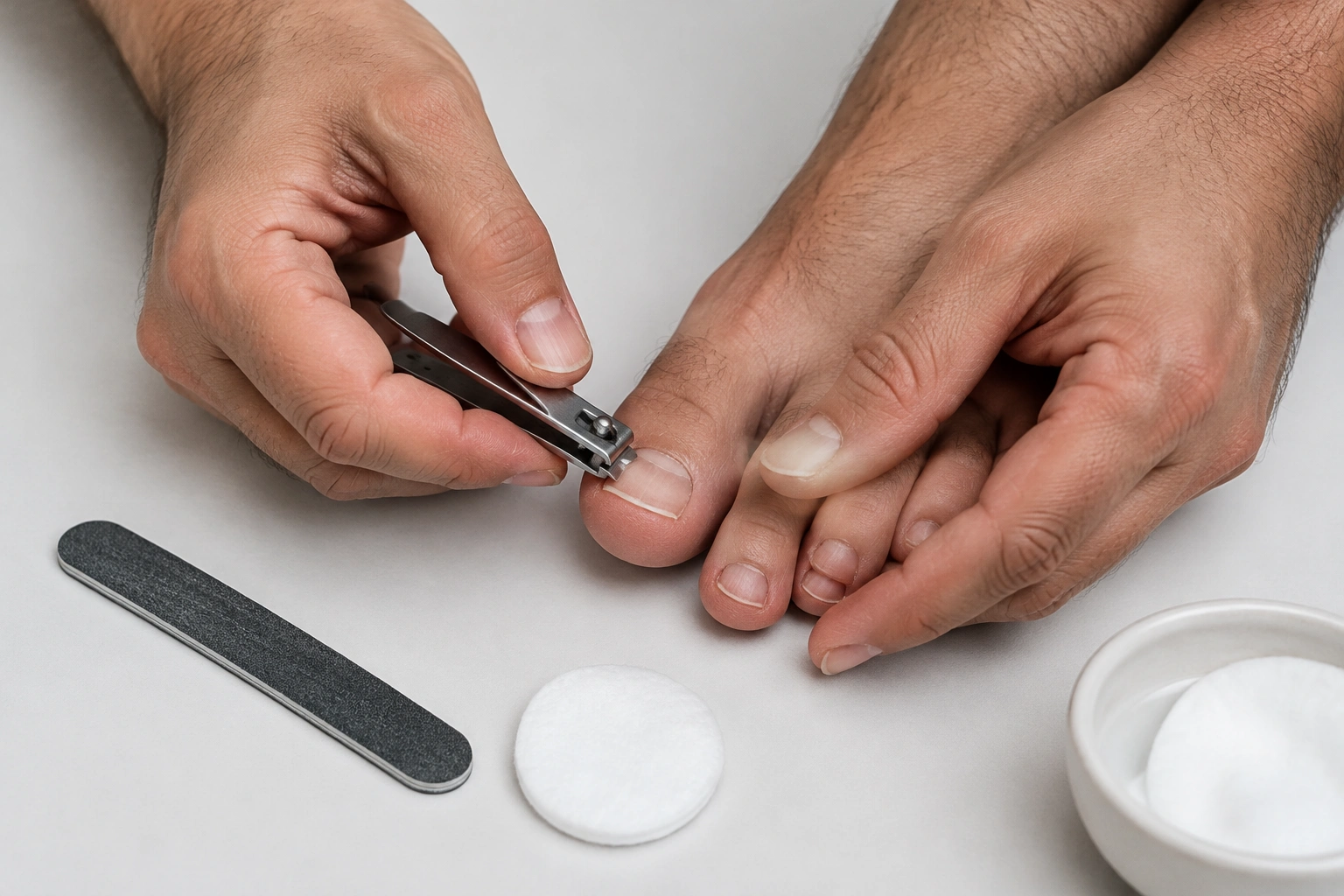Hands only trimming and cleaning a toenail before applying oil
