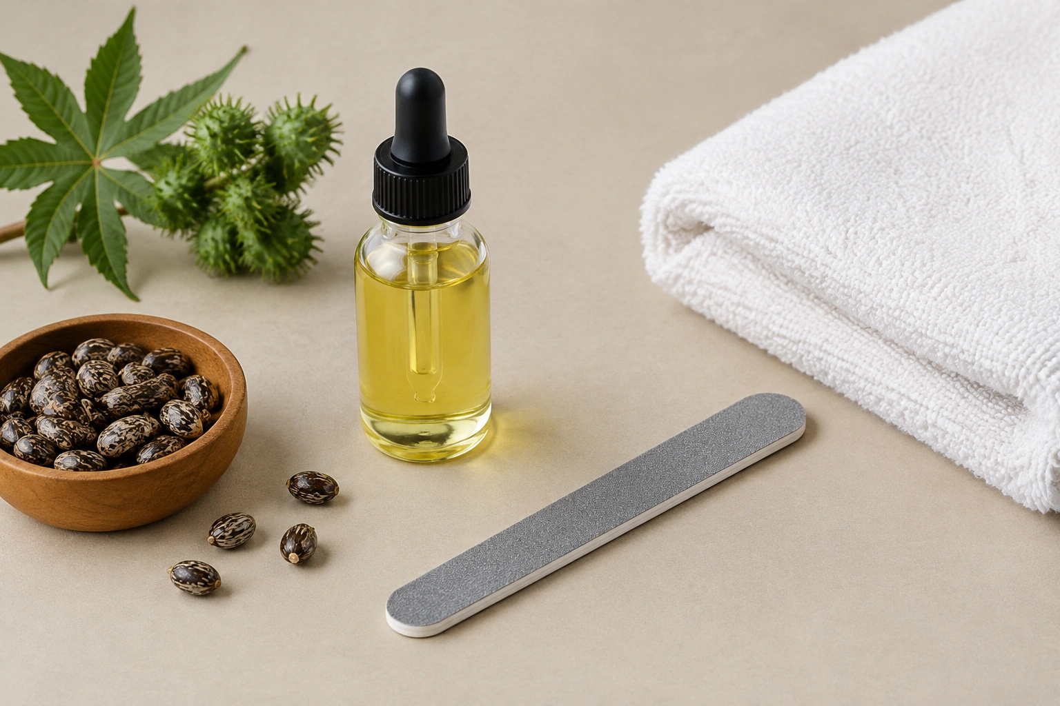 Close-up of a clean nail care setup with castor oil, nail file, and towel
