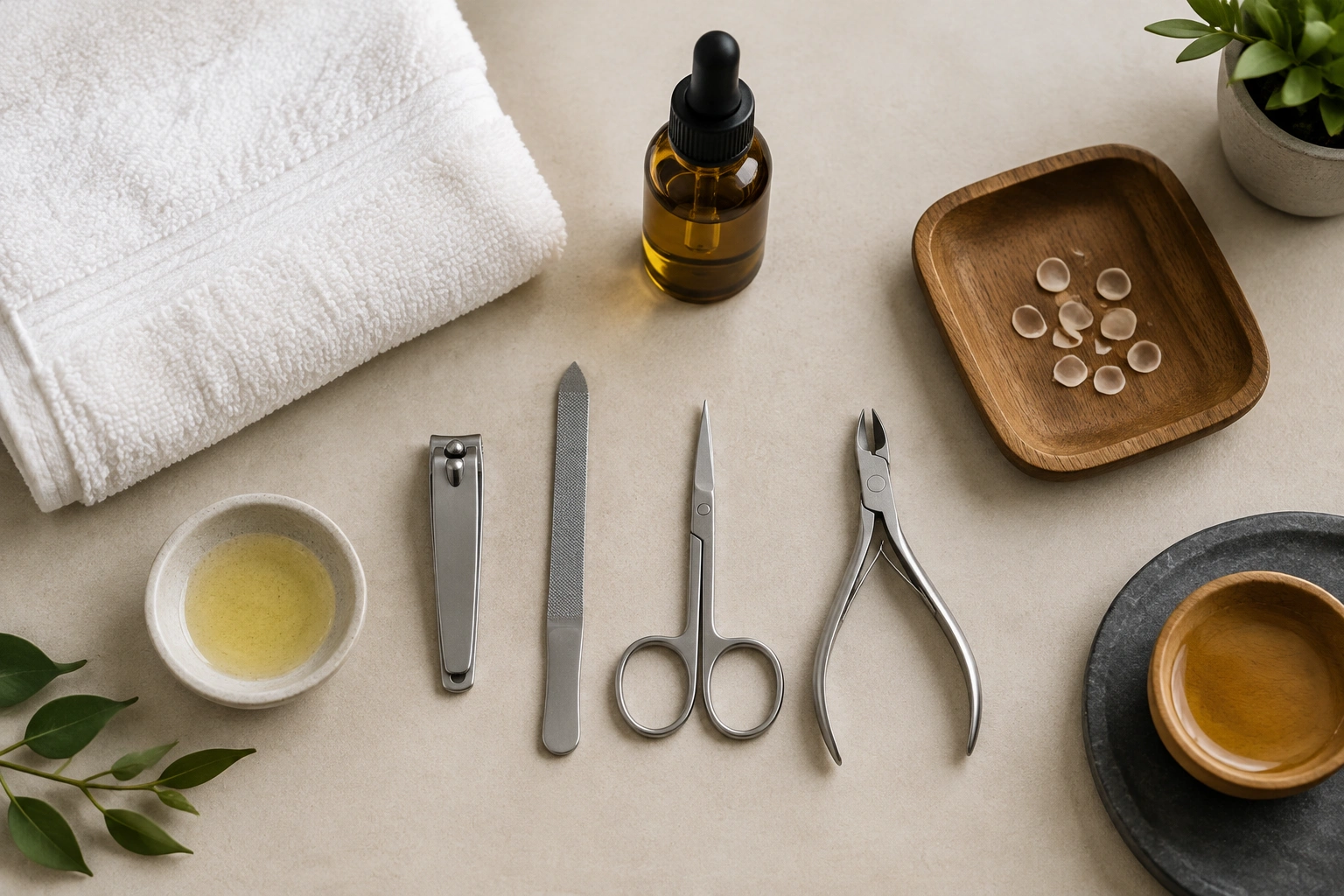 Amber oil bottle beside nail care tools on a clean surface