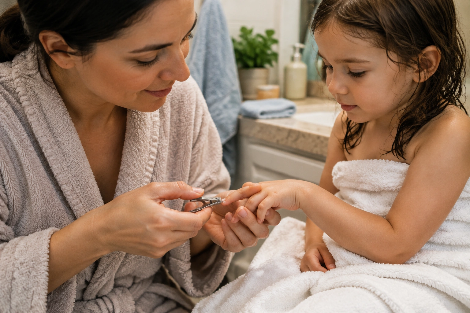 Parent carefully trimming a child’s fingernails after a bath