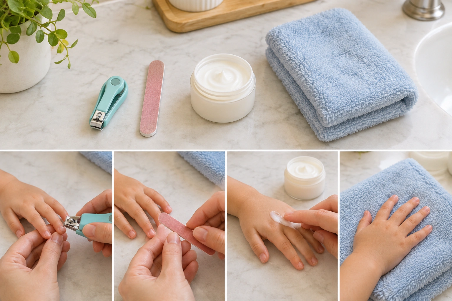 Child-safe nail care routine with trimming, filing, and moisturizing tools