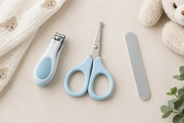Three nail care tools for children including clippers scissors and an emery board