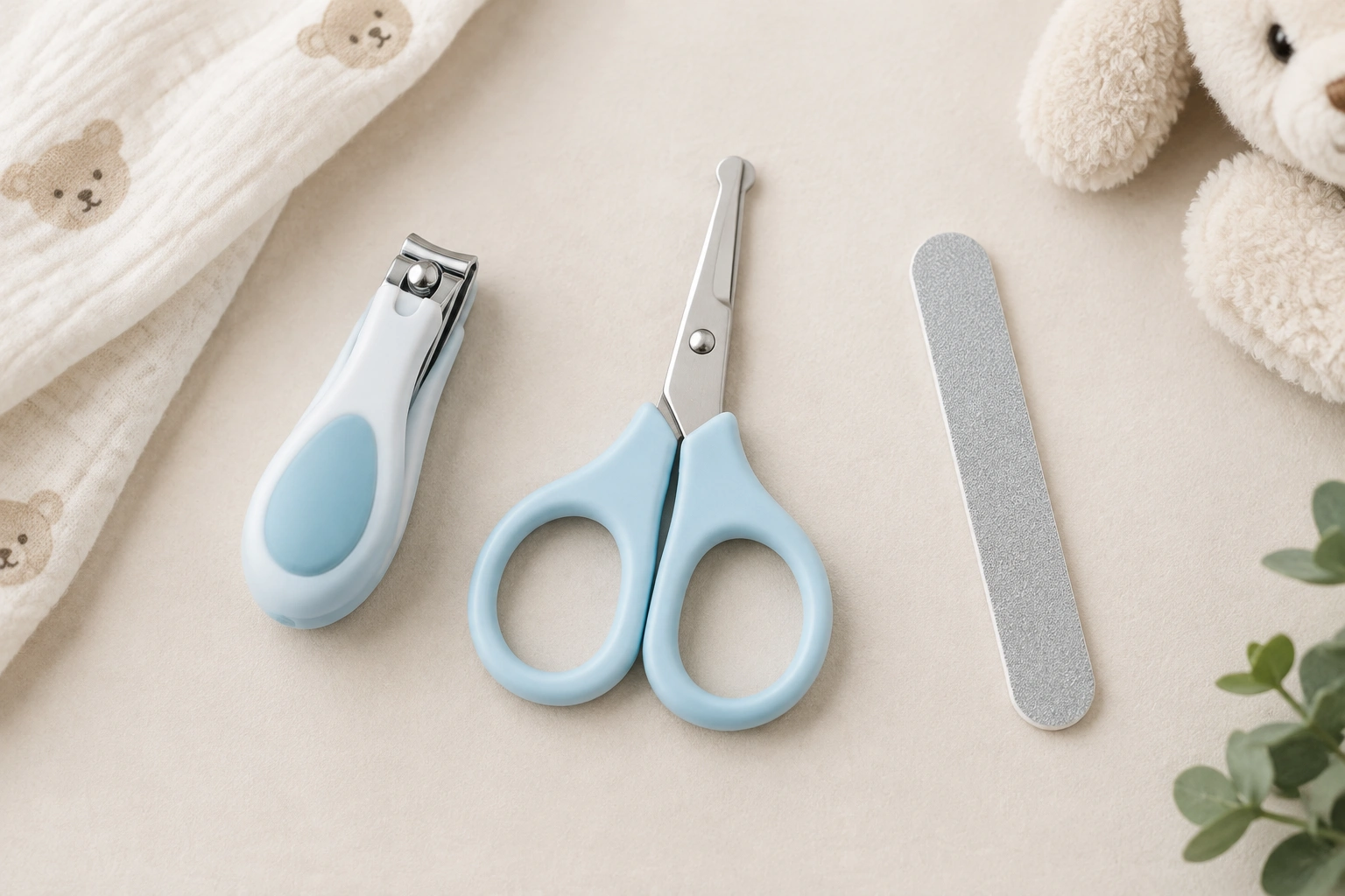 Three nail care tools for children including clippers scissors and an emery board
