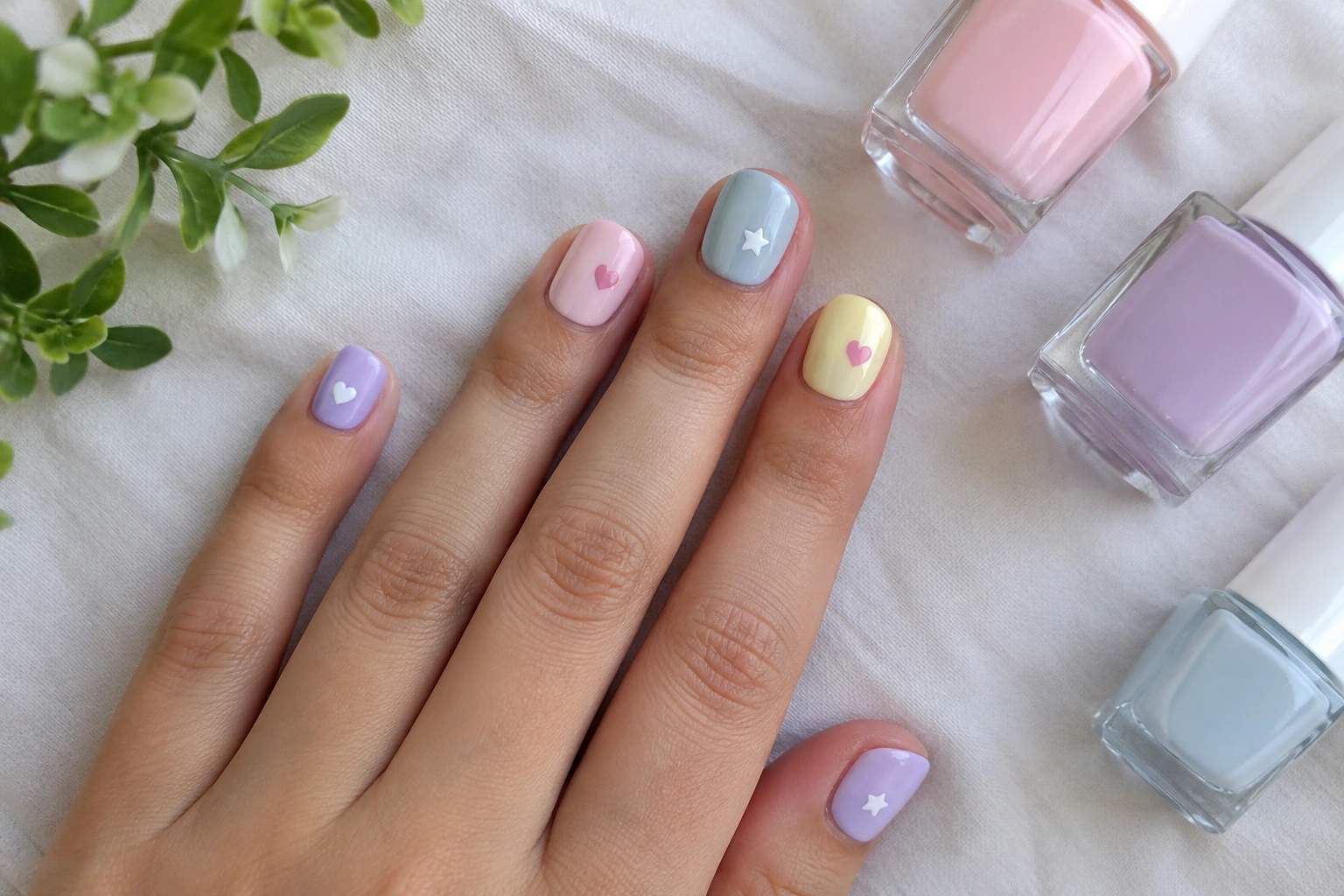 Short teen nails with tiny hearts and stars