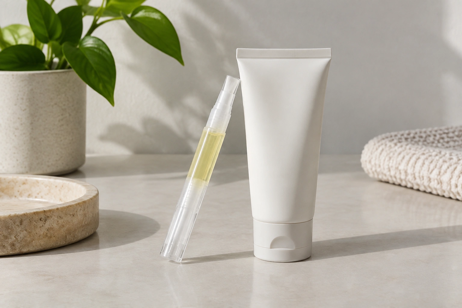 Cuticle oil pen beside hand cream on a table