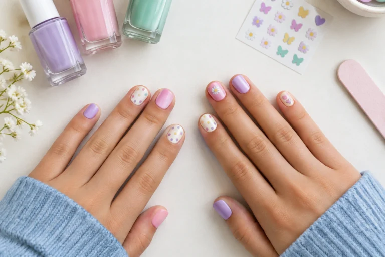 Teen-friendly nail art ideas including dots, stickers, and soft pastel designs