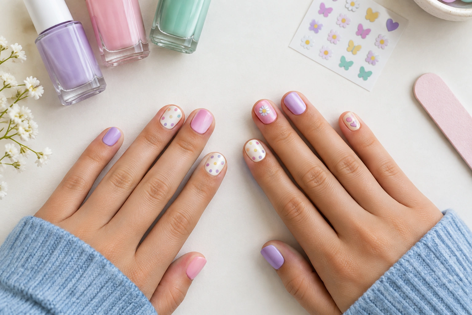 Teen-friendly nail art ideas including dots, stickers, and soft pastel designs