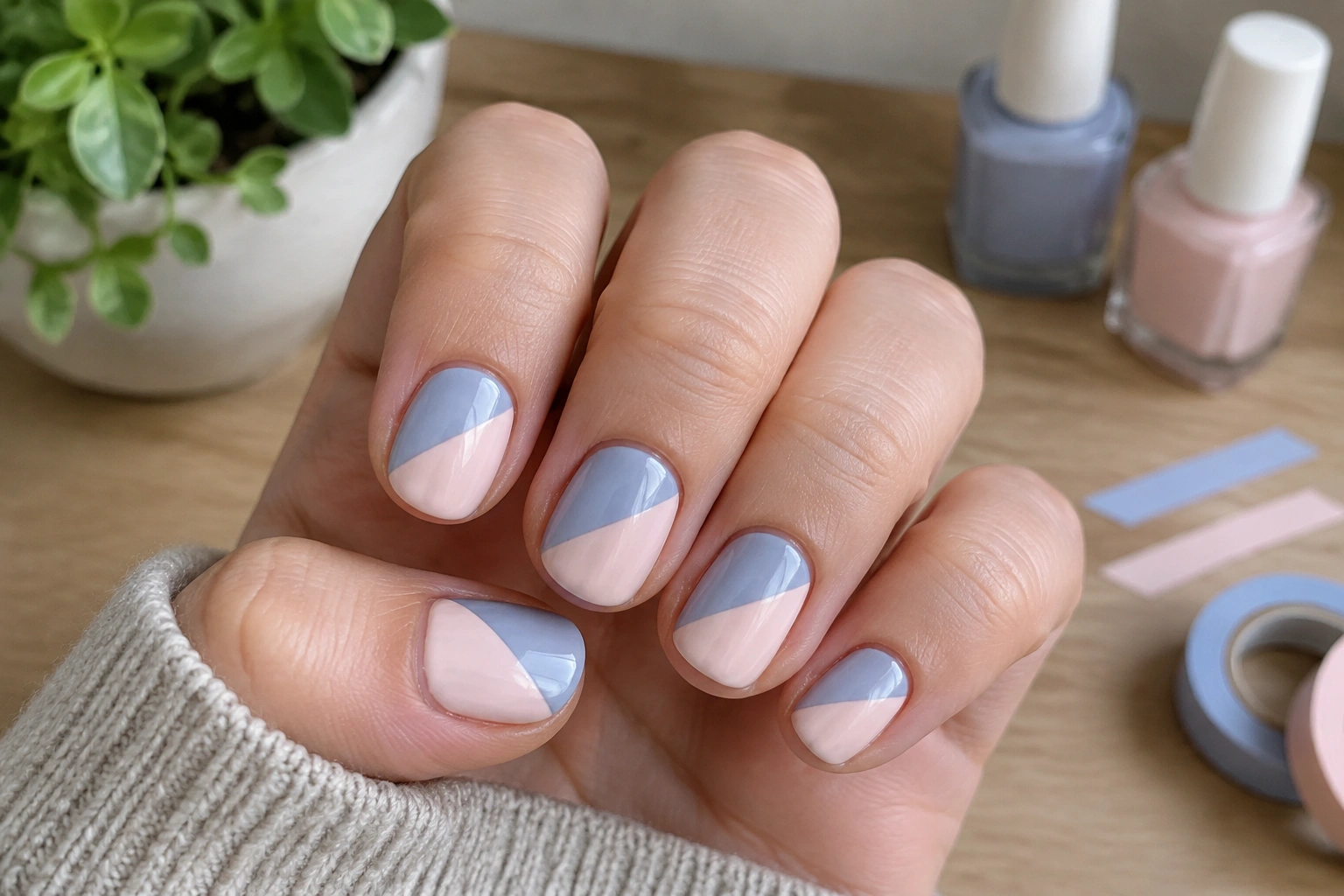 Short nails with simple two-tone diagonal stripes made using tape
