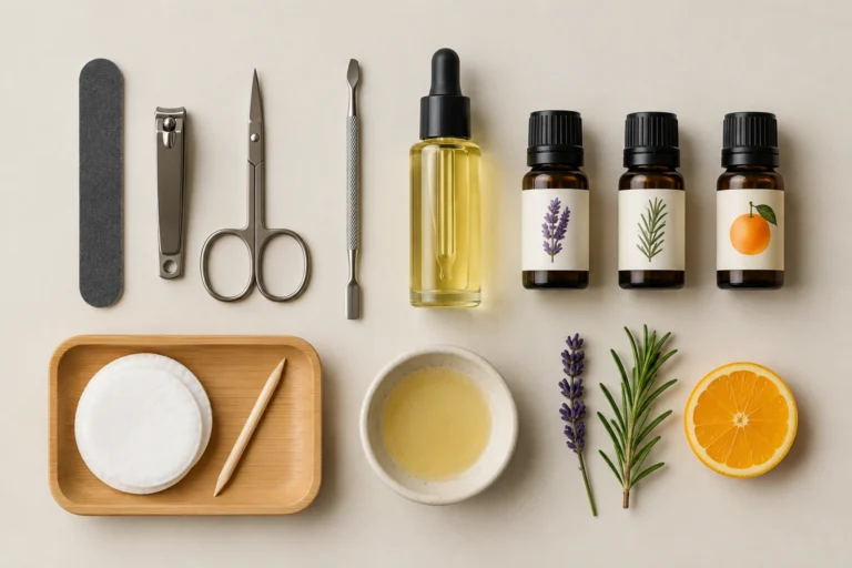 Close-up of nail care tools, carrier oil, and essential oil bottles on a clean surface