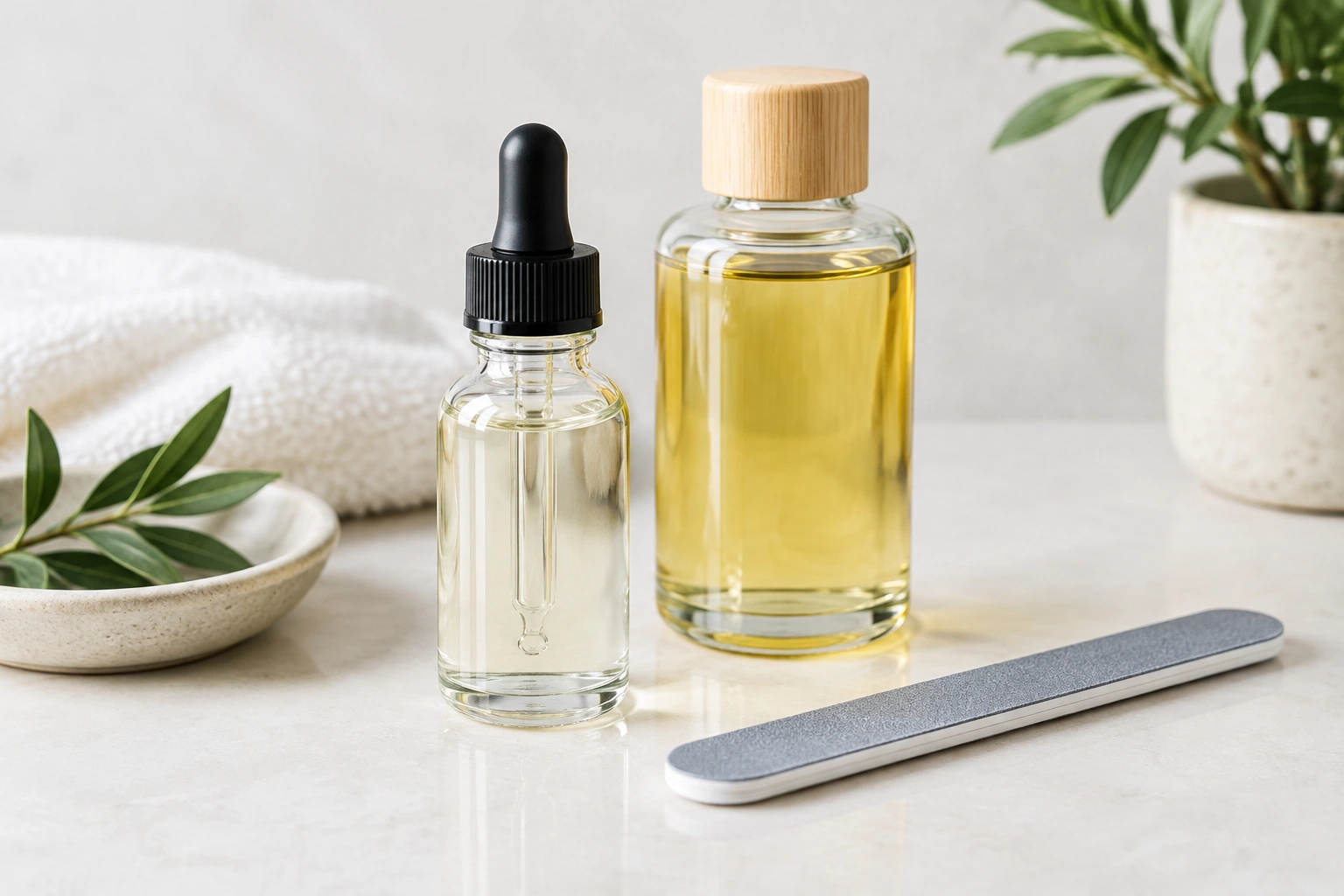 Clean close-up of a dropper bottle and carrier oil beside a nail file