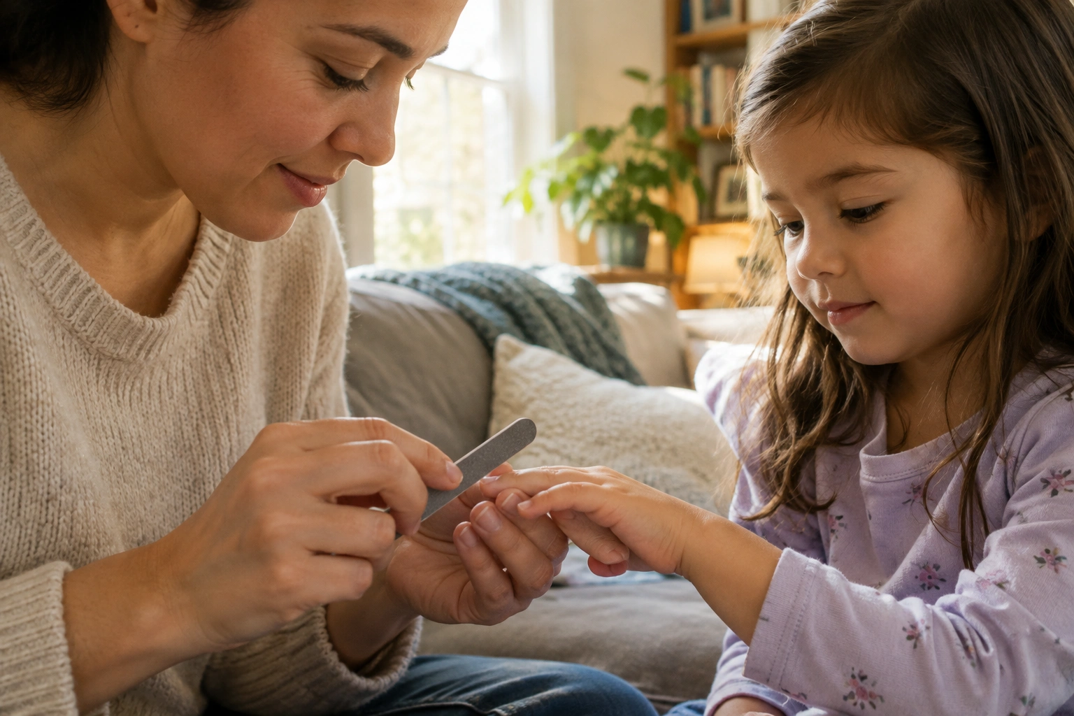 Parent gently filing a child’s fingernail with an emery board