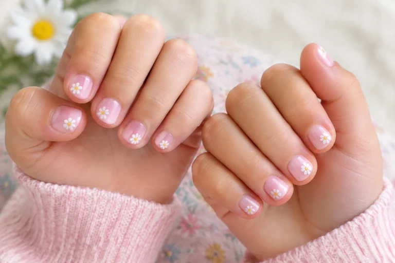 Short nails with tiny daisy flower nail art for a little girl
