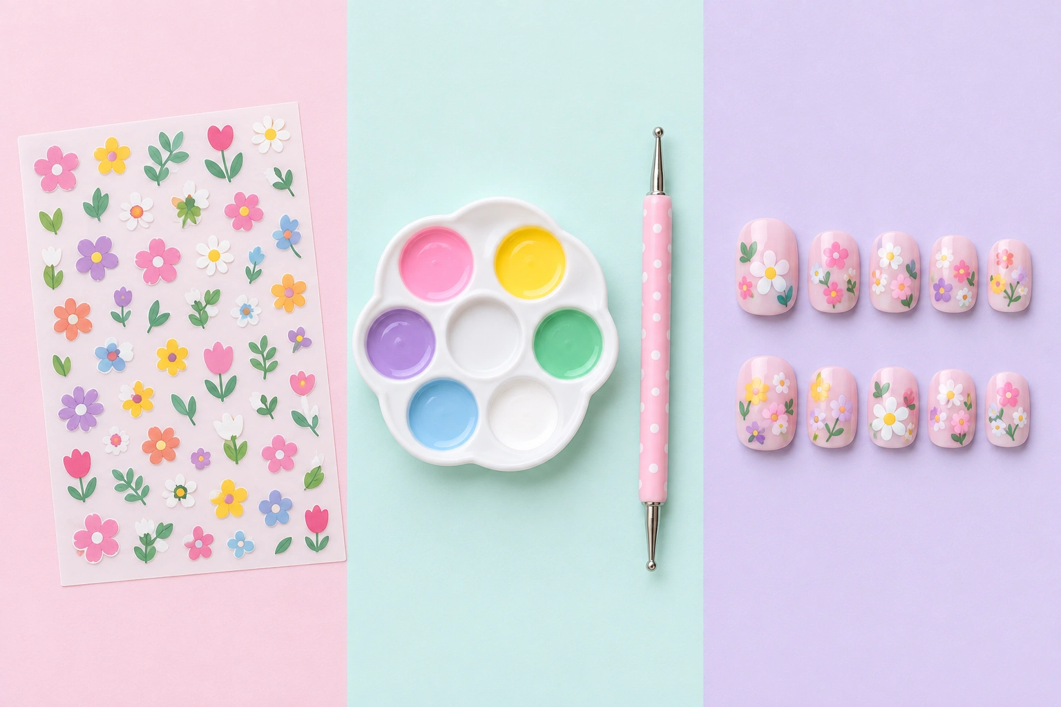 Comparison of flower nail art methods for kids including stickers, hand-painted flowers, and press-ons
