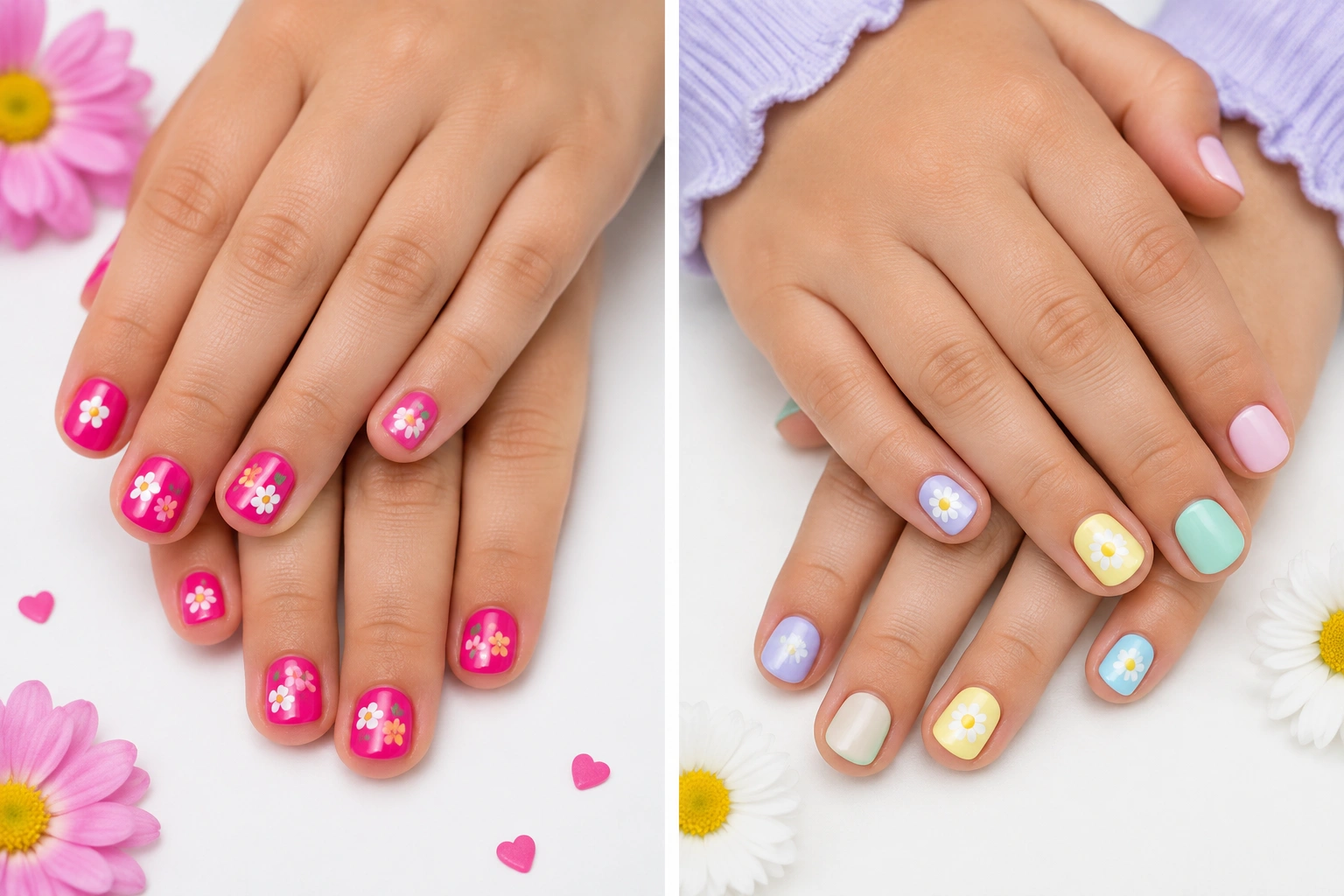 Birthday and spring flower nail art ideas for little girls with pastel and bright colors